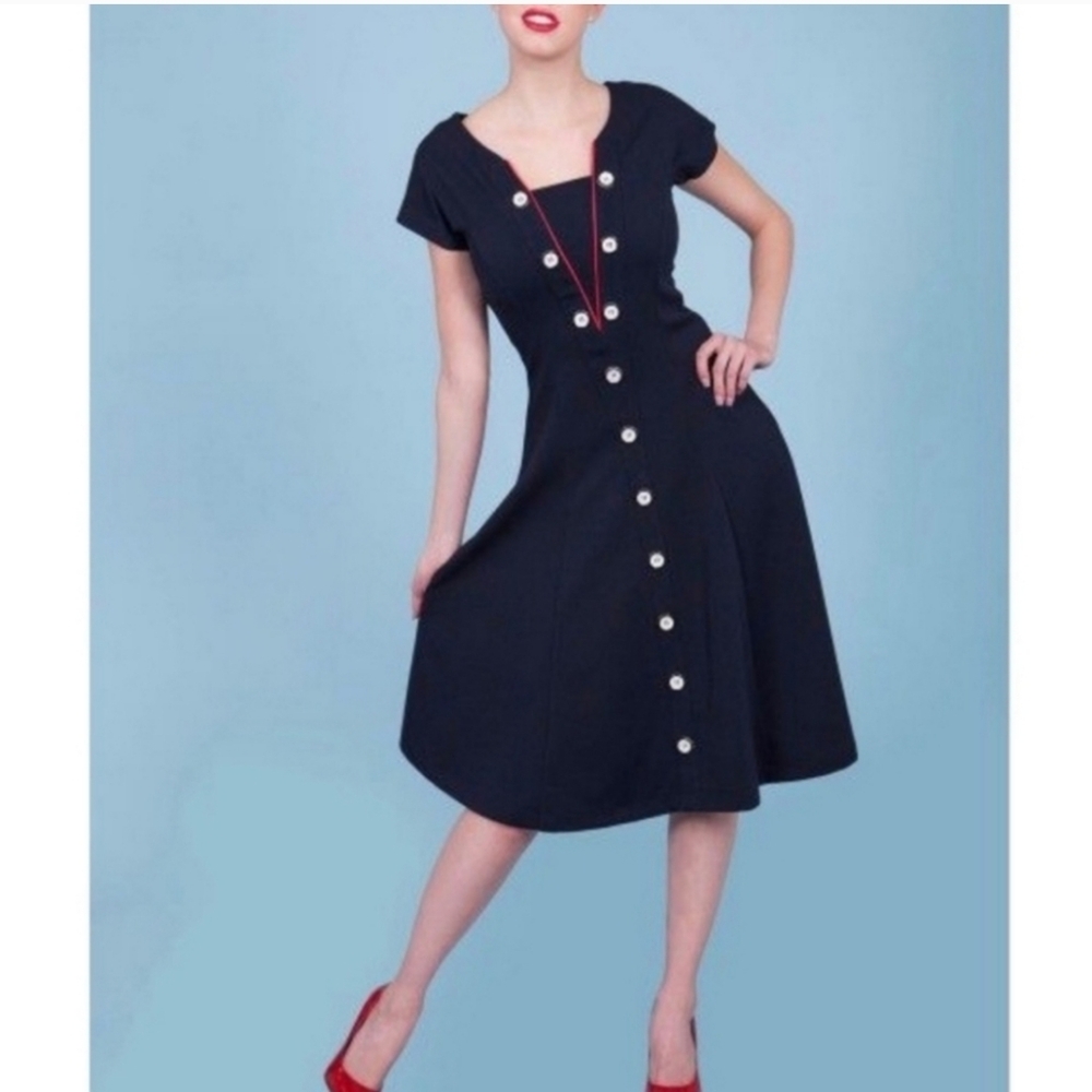 Tatyana‎ | Fit Flare Loose Cannon Retro 1940’s Blue Nautical Pinup Swing Dress